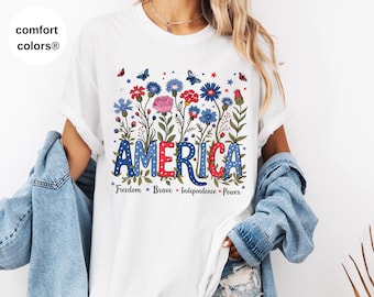 America Floral Comfort Colors Shirt, USA Patriotic Tee