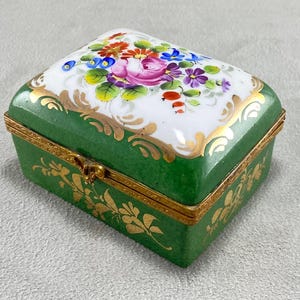 Vintage French Porcelain Trinket Box: Hand-Painted Floral Décor, 1970s-90s