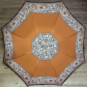 Vintage 1970s Kobold Folding Umbrella Germany Brown Floral Pattern with Original Case Retro Collectible