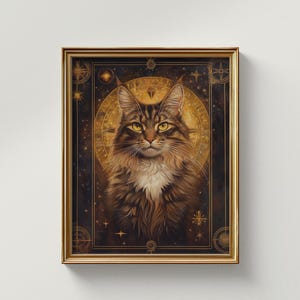 Portrait d'animal maine coon céleste et impression de chat sorcier - Art mural céleste des amateurs de tarot - personnalisé à partir d'une photo de chat