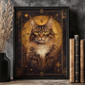 Portrait d'animal de compagnie personnalisé - chat mystique Maine coon, affiche de tarot - portrait d'animal de compagnie personnalisé - art animalier céleste et décoration murale mystique