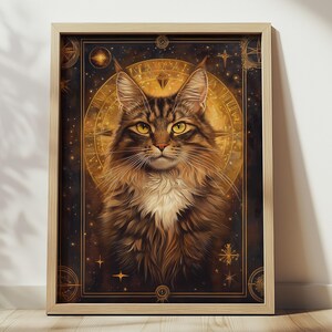 Chat Maine Coon mystique – Peinture d'animal de compagnie personnalisée inspirée du tarot de sorcière, Art d'animal de compagnie céleste