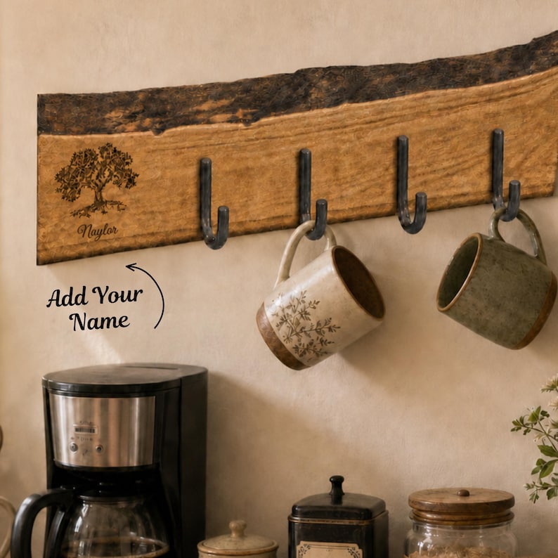 May include: A live edge wooden wall rack featuring four dark metal hooks. The wood displays a natural bark edge and is engraved with a tree illustration and the name Naylor. Two ceramic mugs are hanging from the hooks, with text Add Your Name.