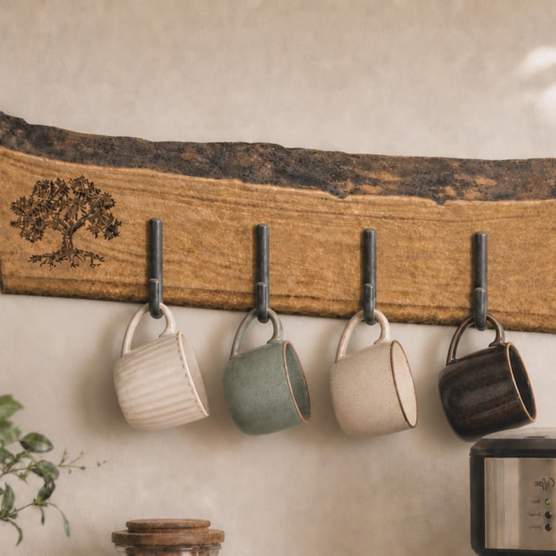 May include: A live-edge wooden wall rack featuring a dark brown laser-engraved tree design and four black metal hooks. Four ceramic mugs in cream, sage green, beige, and dark brown are hanging from the hooks, each with a distinct texture.