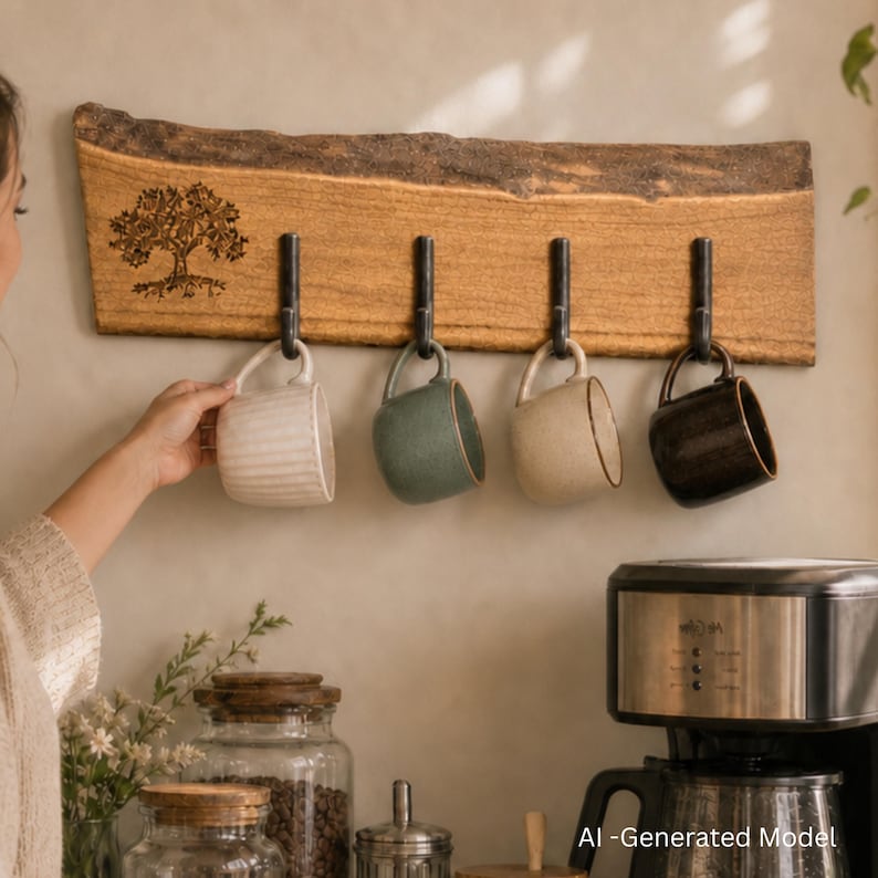 May include: A rectangular live-edge wooden wall rack featuring a laser-engraved tree design on the left side and four black metal hooks. Four ceramic mugs in white, sage green, beige, and dark brown are hanging from the hooks on the wooden board.