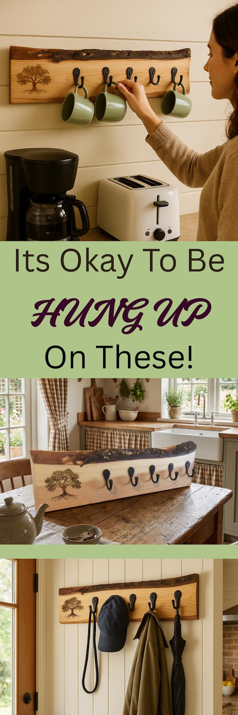 May include: A live-edge wooden wall rack featuring a dark brown tree graphic on the left side and five black metal hooks. The rack is shown mounted on a wall holding mugs, a baseball cap, a jacket, and an umbrella, displaying natural wood grain.