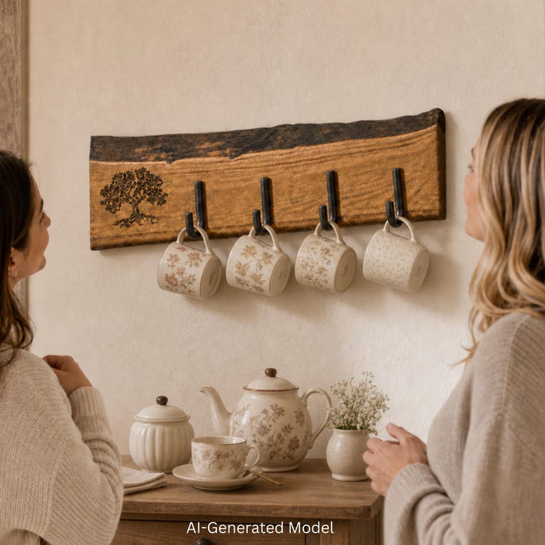 May include: A live-edge wooden wall rack with four black metal hooks holding four floral-patterned ceramic mugs. The wood features a dark, charred top edge and a laser-engraved tree design on the left side, mounted above a wooden table.