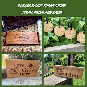 May include: A collage of four wooden items: a rectangular serving tray with black handles, circular plant markers labeled Tomato, Carrot, and Cucumber, a sign reading Love Grows Here with a sun icon, and a sign reading Grandma's Garden.