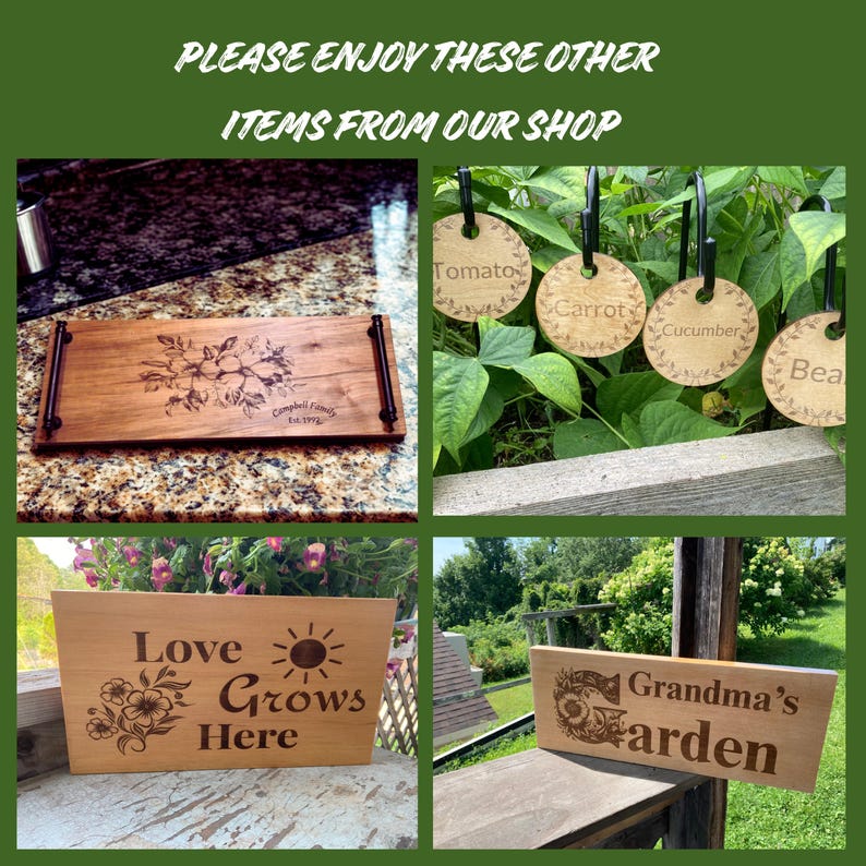 May include: A collage of four wooden items: a rectangular serving tray with black handles, circular plant markers labeled Tomato, Carrot, and Cucumber, a sign reading Love Grows Here with a sun icon, and a sign reading Grandma's Garden.