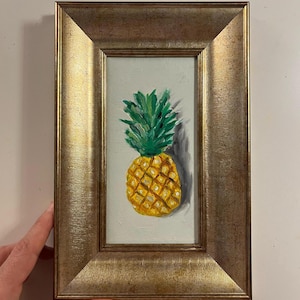 Pintura al óleo original de piña empastada con fondo blanco, tamaño pequeño, sin marco o con marco dorado, de Lifewingsart, regalo de arte mural.