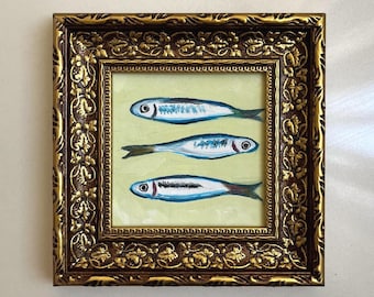 Trio Sardine Oil Painting | Small Coastal Kitchen Art, Framed or Unframed