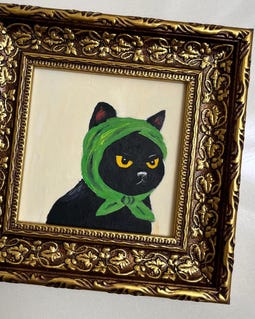 Black Cat with Green Scarf Oil Painting | Humorous Stylized Art | Small Size Simple Artwork By Lifewingsart Made by Lifewingsart Shop owned by Ayşenur 1.5 years on Etsy