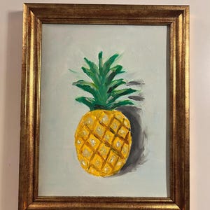 Pintura al óleo original de piña empastada con fondo blanco, sin marco o con marco dorado, de Lifewingsart, regalo de arte mural.