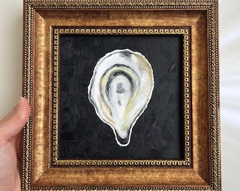 Oyster Shell Oil Painting | Minimalist Coastal Art, Gold Frame Option