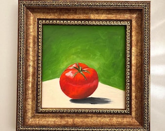 Pintura al óleo de tomate / Arte de pared de cocina estilizado, enmarcado