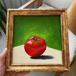Pintura al óleo original de tomate con fondo verde, sin marco o con marco dorado de Lifewingsart, regalo de arte mural.
