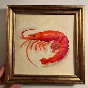 Red Shrimp Oil Painting Original with Beige Background, Sea Food Decor, Ocean Wall Art, Unframed or Gold Framed Picture by Lifewingsart