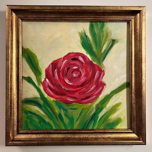Pintura al óleo original de una rosa estilizada con fondo beige, sin marco o con marco dorado, de Lifewingsart, regalo de arte mural.