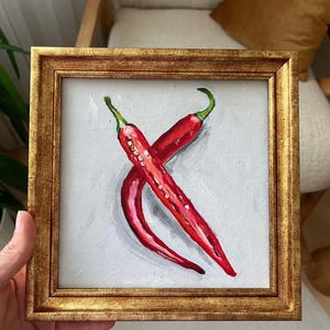 Pintura al óleo de chiles rojos / Arte mural estilizado y audaz con pimientos cortados y semillas / Decoración de cocina picante / Con o sin marco / de LifewingsArt