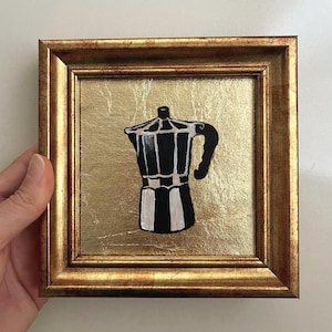 Art de pot de moka peint à la main | Tableau minimaliste encadré à la feuille d'or