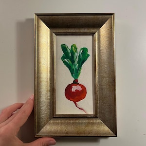 Pintura al óleo original de rábano rojo con fondo blanco, tamaño pequeño, sin marco o con marco dorado, de Lifewingsart, regalo de arte mural.