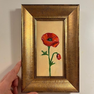 Pintura a óleo de papoula vermelha, flor original com fundo rosa claro, tamanho pequeno, sem moldura ou com moldura dourada, da Lifewingsart, presente de arte de parede