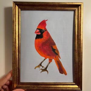 Pintura a óleo de pássaro original, cardeal vermelho com fundo cinza, sem moldura ou com moldura dourada da Lifewingsart, presente de arte de parede