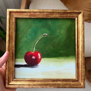 Pintura al óleo de una cereza roja / Arte mural minimalista de frutas con fondo beige / Con o sin marco / Decoración original de cocina / de LifeWingsArt
