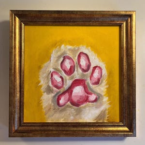Peinture à l'huile originale de patte de chat avec le fond jaune, image sans cadre ou encadrée d'or par Lifewingsart, cadeau d'art mural
