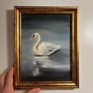 Swan Oil Painting Original with Black Reflecting Background, Unframed or Gold Framed Picture by Lifewingsart, Wall Art Gift