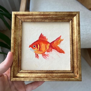 Goldfish Oil Painting | Stylized Orange Fish on White Background | Small Wall Art | Aquarium Decor | Framed or Unframed | by LifeWingsArt