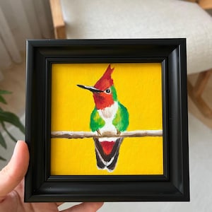 Colibri, peinture à l'huile originale sur fond jaune, petite taille sans cadre/photo avec cadre doré ou noir par Lifewingsart, cadeau d'art mural
