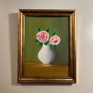Pintura al óleo original de flores de colores con jarrón blanco y fondo verde, sin marco o con marco dorado de Lifewingsart, regalo de arte mural.