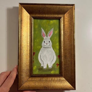 Pintura a óleo original de coelho branco com fundo verde, vintage, tamanho pequeno, sem moldura ou com moldura dourada, da Lifewingsart, presente de arte de parede