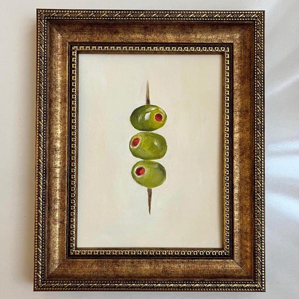 Naturaleza muerta con aceitunas, pintura al óleo / Aceitunas rellenas de pimiento rojo, arte culinario