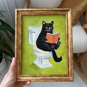Pintura al óleo de gato negro en el inodoro / Arte mural divertido de gato leyendo / Obra de arte para amantes de los gatos / Fondo verde / Con o sin marco / de LifeWingsArt