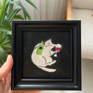 Peinture à l'huile originale de chat ivre sur fond noir, petite taille sans cadre/photo avec cadre doré ou noir par Lifewingsart, cadeau d'art mural