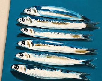 Sardinas: pintura al óleo / arte mural de cocina, pescado pintado a mano