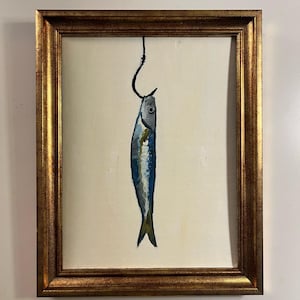 Sardina enganchada, pintura al óleo original con fondo blanco, sin marco o con marco dorado, de Lifewingsart, regalo de arte mural.