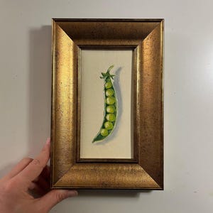 Pintura al óleo original de guisante verde con fondo blanco, tamaño pequeño, sin marco o con marco dorado, de Lifewingsart, regalo de arte mural.
