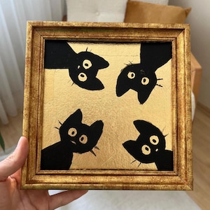 Style de silhouette de peinture originale de chats avec fond de feuille d'or, image sans cadre ou encadrée or par Lifewingsart, cadeau d'art mural