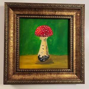 Pintura al óleo original de hongo amanita muscaria roja con fondo verde, sin marco o con marco dorado de Lifewingsart, regalo de arte mural.