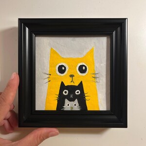 Peinture à l'huile originale de chat de famille avec le fond blanc, image non encadrée ou encadrée noir et or par Lifewingsart, cadeau d'art mural