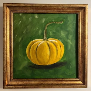 Pintura al óleo original de calabaza con fondo verde, sin marco o con marco dorado de Lifewingsart, regalo de arte mural