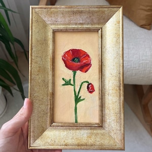 Pintura al óleo original de amapola roja con fondo rosa claro, tamaño pequeño, sin marco o con marco dorado, de Lifewingsart, regalo de arte mural.