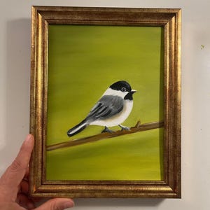 Origineel vogelolieverfschilderij, zwarte mees met groene achtergrond, ingelijste of goudkleurige ingelijste foto van Lifewingsart, kunst aan de muur cadeau