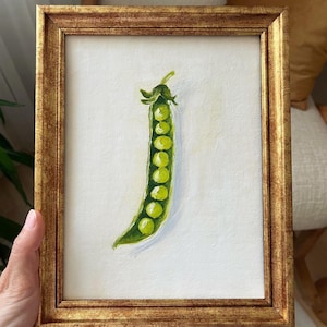 Pintura al óleo original de guisantes verdes con fondo blanco, sin marco o con marco dorado, de Lifewingsart, regalo de arte mural.