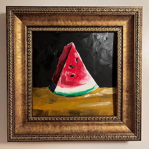 Rebanada de sandía, pintura al óleo original sobre fondo negro / Arte mural de fruta fresca / Imagen sin marco o con marco dorado / de Lifewingsart