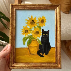 Peinture à l'huile de tournesols avec chat noir | Style Van Gogh | Art mural nature morte | Fond bleu | Or avec ou sans cadre | par LifewingsArt