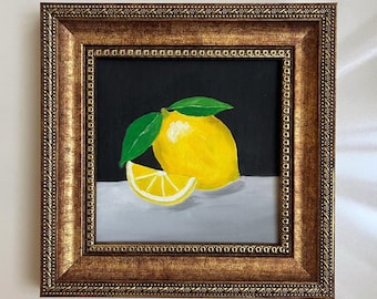 Pintura al óleo original de limón, naturaleza muerta con fondo negro, enmarcada o sin marco